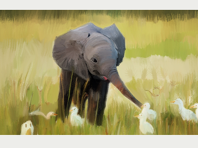 Elephant with friends duck elephant freunde grassland illustration kids art kindness meet nature painting photoshop brush дружба слон слоник утки