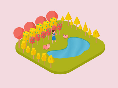 Autumn in the Countryside adobe illustrator autum autumn branding countryside forests girl illustration illustration isometric isometric design isometric illustration kids illustration lake pets pig see trees vector weeklywarmup