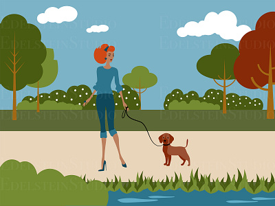 The Young Woman Walks a Dog in Urban Park art design digital art flat illustration illustrator painting print vector vector illustration