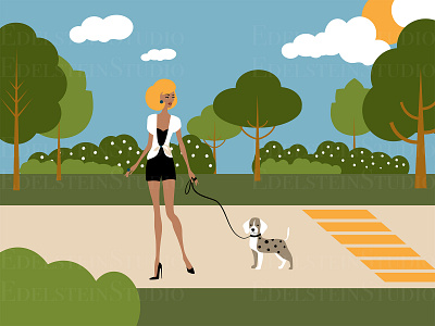 The Young Girl Walks a Dog in Urban Park art design digital art flat illustration illustrator painting print vector vector illustration