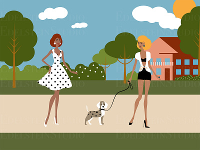 The Young Women Walk a Dog in City Park art cartoon design digital art flat illustration illustrator painting print vector vector illustration