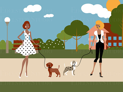 The Young Women Walk Dogs in City Park art cartoon design digital art flat illustration illustrator print vector vector illustration