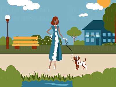 The Fashion Woman is Walking a Dog in City Park art cartoon design digital art flat illustration illustrator print vector vector illustration