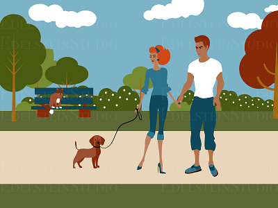 The Couple are Walking a Dog in Park Illustration art cartoon design digital art flat illustration illustrator print vector vector illustration