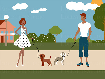 The Couple is Walking Dogs in Park Illustration art cartoon design digital art flat illustration illustrator print vector vector illustration
