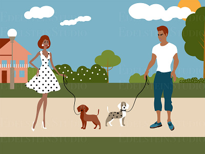 The Couple is Walking Dogs in Park Illustration