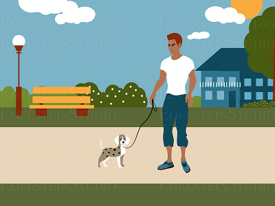 The Man is Walking a Dog in City Park Illustration