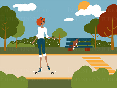 The Young Woman is Riding on Skateboard in City Park Flat Illust