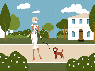 The Young Woman is Walking a Dog in Park at Quarantine art cartoon design digital art flat illustration illustrator painting print vector vector illustration