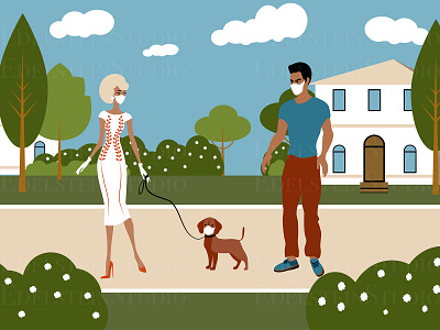 The Couple are Walking a Dog in Park at Quarantine art cartoon design digital art flat illustration illustrator painting print vector vector illustration