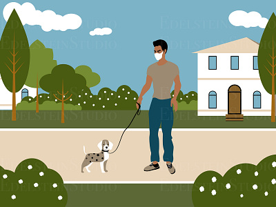 The Man is Walking a Dog in Park at Quarantine art cartoon design digital art flat illustration illustrator print vector vector illustration