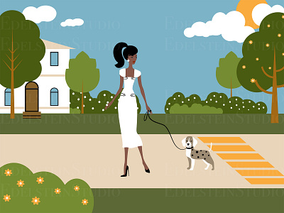 The Fashion Young Woman is Walking a Dog in Park art cartoon design digital art flat illustration illustrator print vector vector illustration