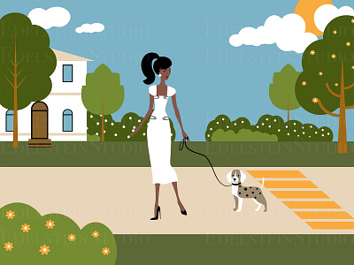 The Fashion Young Woman is Walking a Dog in Park