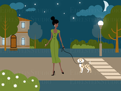 The Girl is Walking a Dog in Park at Night