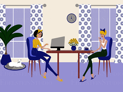 The Young Women are Working at Home Office with a Cat art cartoon design digital art flat illustration illustrator print vector vector illustration