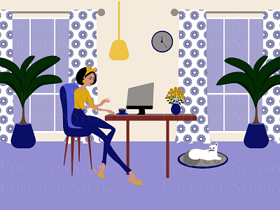 The Young Woman is Working at Home Office with a Cat I art cartoon design digital art flat illustration illustrator painting print vector vector illustration