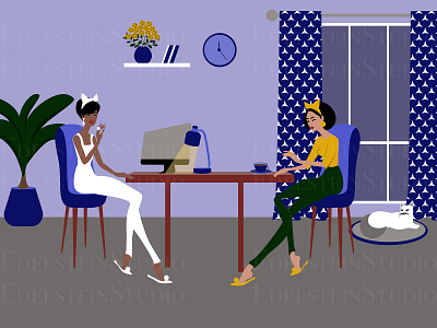 The Girls are Working at Home Office with a Cat at Night art cartoon design digital art flat illustration illustrator painting print vector vector illustration