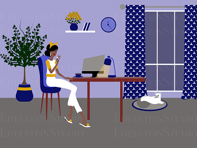 The Girl is Working at Home Office with a Cat at Night art cartoon design digital art flat illustration illustrator painting print vector vector illustration