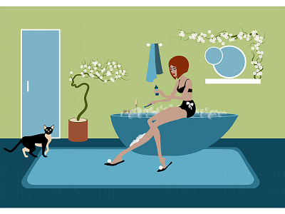 The woman in bathrobe shaving her legs after shower flat illustr