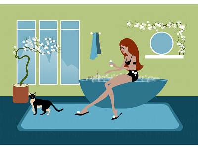 The woman bathing in a bathtub flat illustration