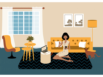 The business woman working at home office flat illustration cartoon cat character comics digital art flat illustration illustrator indoor laptop living room painting phone print vector vector illustration woman work at home work place workspace