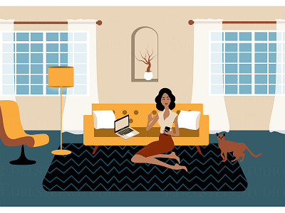 The woman working on laptop at home flat illustration