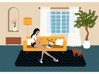 Freelance woman work in comfortable cozy home office art cartoon cat character digital art flat freelance illustration illustrator painting remote work student vector vector illustration work at home workspace