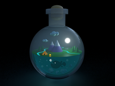 World in a Potion Bottle 3d 3d art 3drender adobe adobedimension anglerfish bottle campfire camping clouds creature dimension fantasy forest magical moon mountains potion