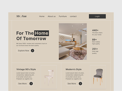 Mr. Fun - Furniture Landing Page branding brown designer furniture landing page new ui ui design ui inspiration uiux unique ux inspiration web design