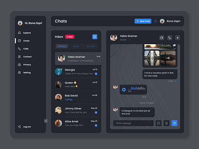 Dashboard Chat blue chat app dark dark mode dashboard ui ui chat ui design ui designer ui inspiration ui trends uiux web chat