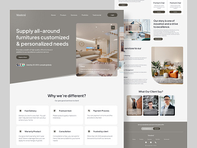 Monteni - Furniture Landing Page branding brown case study chair design elgancy furniture landing page minimalist new testimonial ui ui design uiux ux design web design website