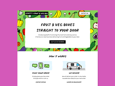 Geoff's Fruit & Veg Box Website bold box branding bright delivery fruit greengrocer illustration logo rough service single page vegetables website