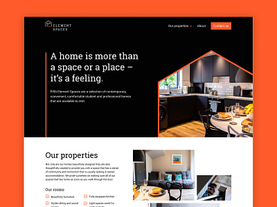 Fifth Element Spaces Website black bold branding design fun house orange professional property realestate rental single page single page website student website