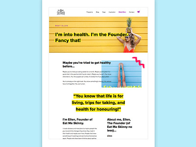 Eat Me Skinny About Page about bold bright food footer fun highlight homepage nutrition pins testimonial website