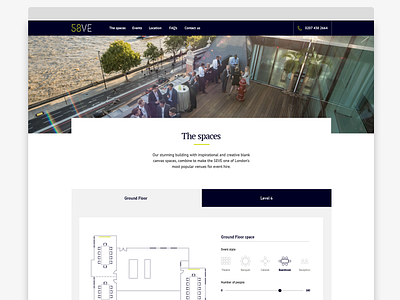 58VE Spaces page blue clean events floorplan green interactive space tabs website