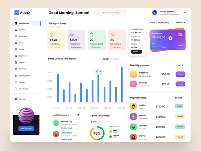 AtlasX - Sales Dashboard analytics clean design dashboard minimal sales sales dashboard sass sidebar trendy design ui design uiux web app