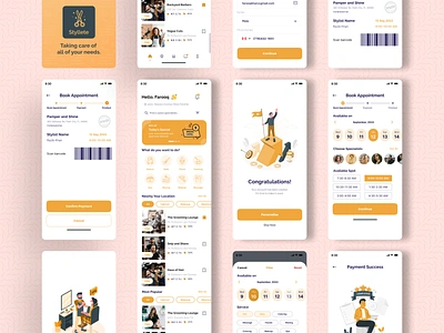 Styllete Barbershop App barber barbershop beard trimming clean ui ecommerce fashion haircut hairstyle ios app manicure minimal mobile app mobile app design mobile ui salon shaving stylists trendy design ui design uiux