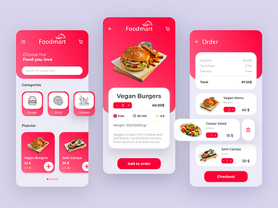 Foodmart - food delivery app android app categories checkout crimson delivery food gradient ios order product card products red search