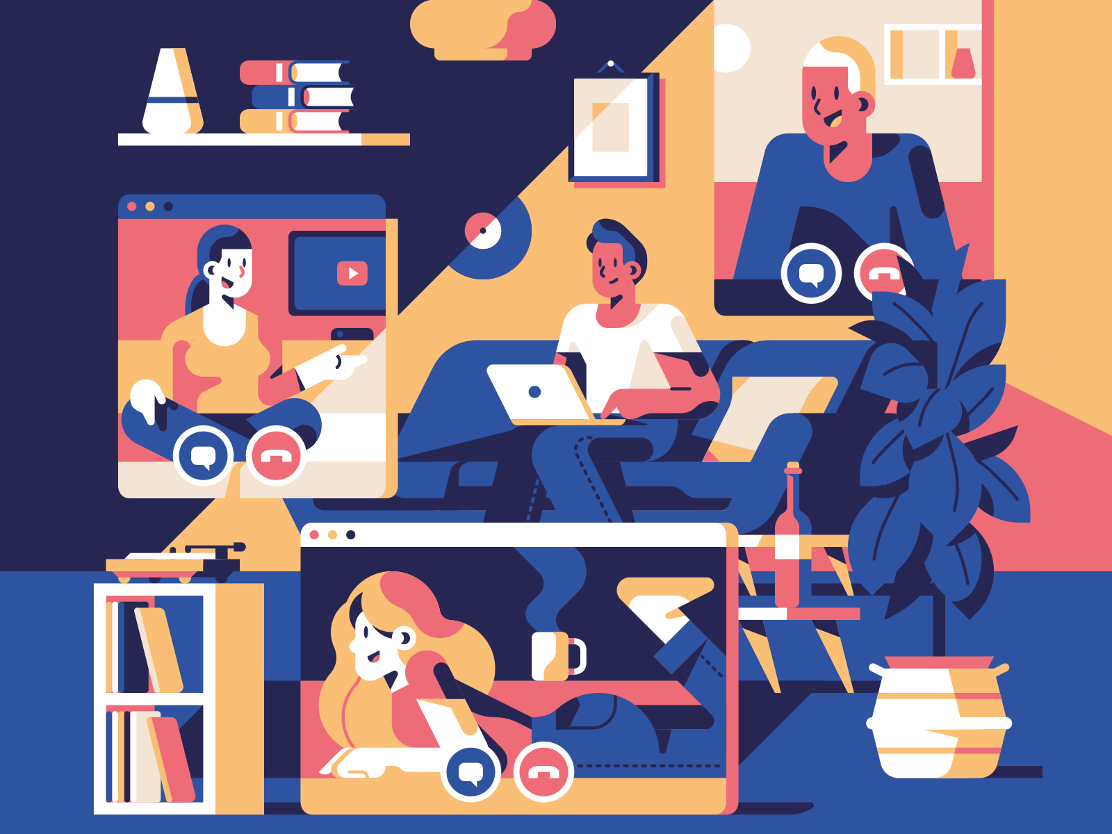 Io resto a casa - Stay home home call working movie conversation stayhome character flat geometric illustration