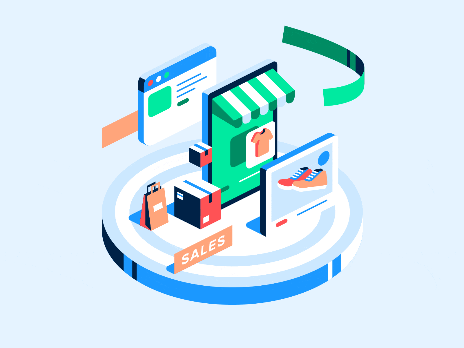 Adweek and Criteo - Retailers device ecosystem flat geometric illustration interface media motion graphics retail sail ho studio vector
