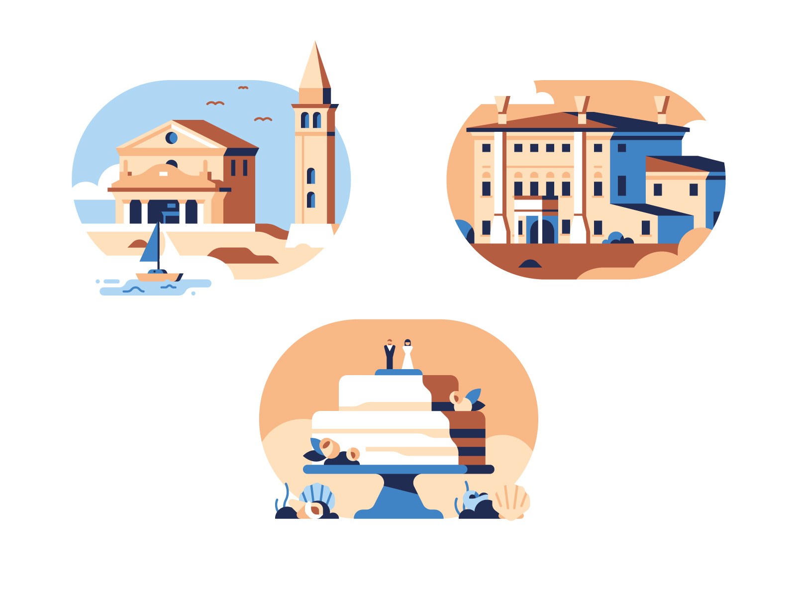 Wedding invitation - Spot illustrations board game building cake character church design flat geometric illustration invitation restaurant ring sea venice wedding