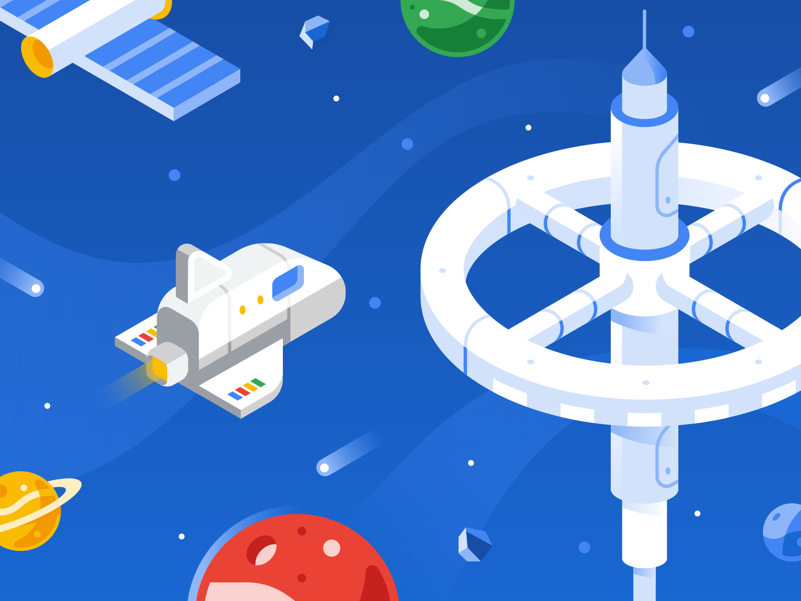 Google - Videogame about Online Security #1 asteroid astronaut flat game geometric google illustration planet space spaceship station videogame