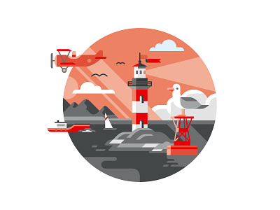 Molo17 - Lighthouse boat cloud flat geometric illustration jetty lighthouse plane sea seagull web