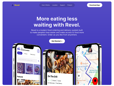 Revel - Food Delivery Website | Hero Section burger concept cooking delivery eating food and drink food delivery app food delivery landing page food delivery service food order foodie hero section home page interface landing page pizza restaurant ui ux website design