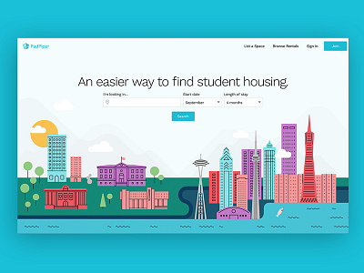 PadPiper Homepage colorful community homepage housing illustration modern padpiper search student typography ux website