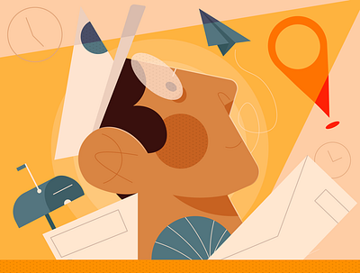 Mind of the Postman character character design characterdesign clock cute character face flat gradient head illustration location location pin mailman minimal paper plane poc postman vector vector character