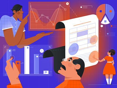 Financial report businessman character character design cute character diagram flat geometrical gradient graph graphic head illustration minimal report shapes textures vector vector character weekly report woman