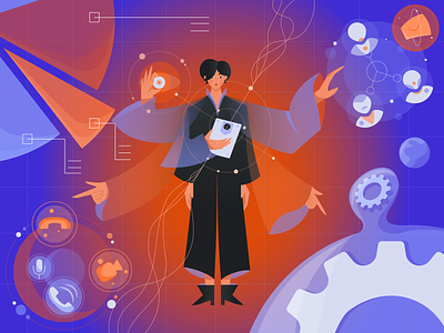 Woman specialist floats next to different software tools character character design communication cute character diagram feminism flat gear geometrical gradient illustration infographic message minimal multiple hands multitasking presentation space vector videocall