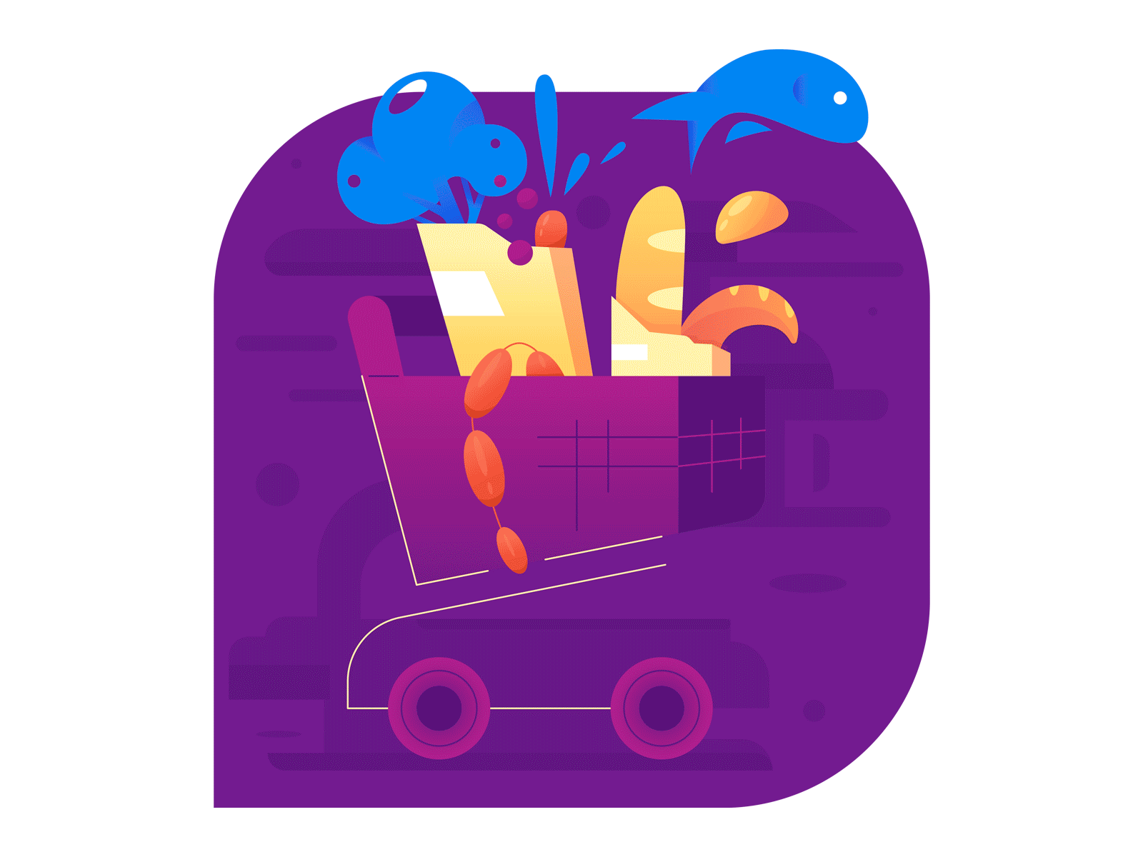 Delivery cart full of products bread cart delivery fish flat geometrical gradient illustration minimal online market products shapes vector