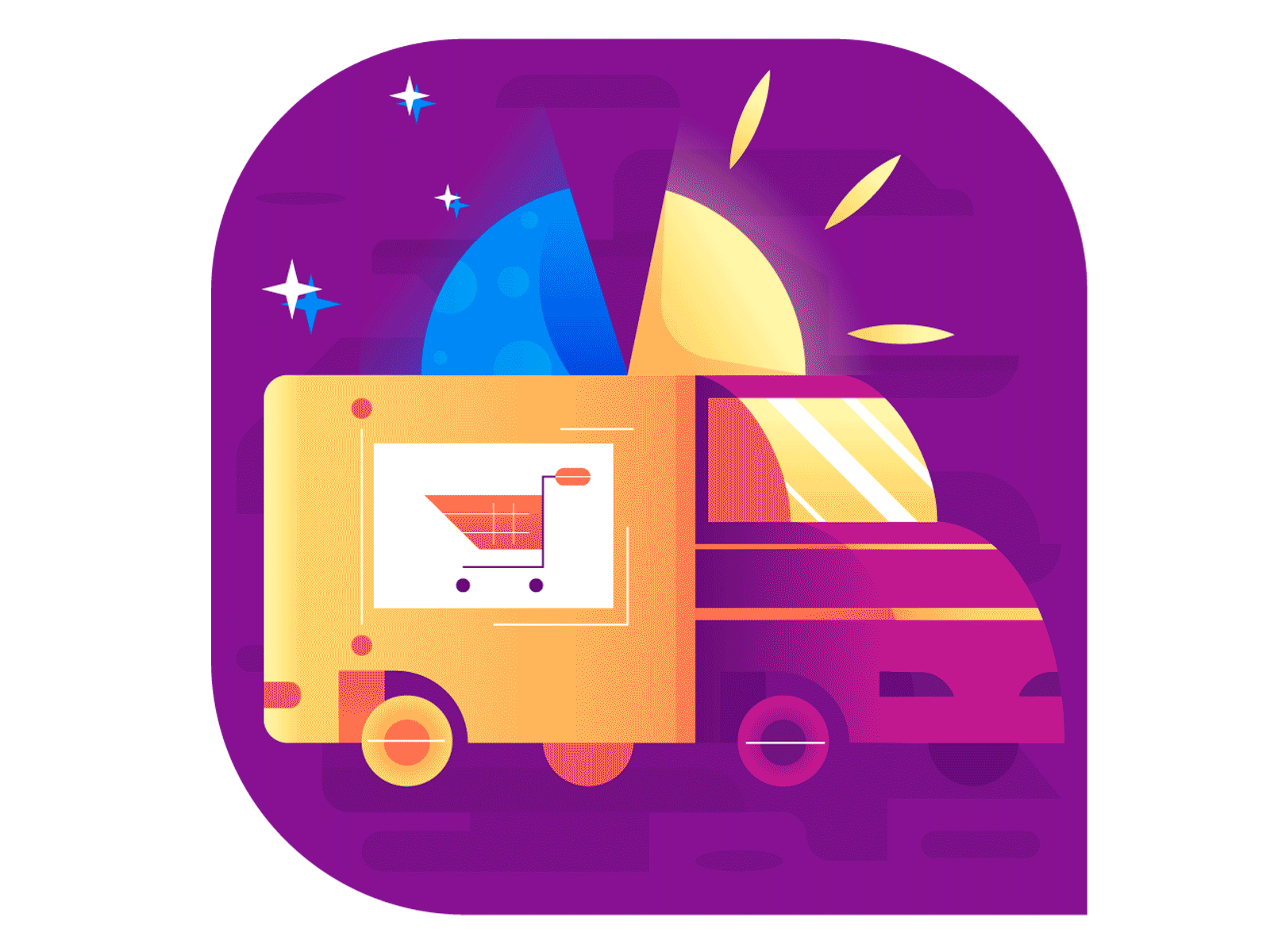 Delivery van in on the shift 24/7 247 bus car day delivery delivery van flat geometrical gradient icon illustration minimal night shapes van vector wagon